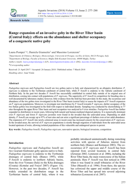 Range Expansion of an Invasive Goby in the River Tiber Basin (Central Italy): Effects on the Abundance and Shelter Occupancy of a Congeneric Native Goby