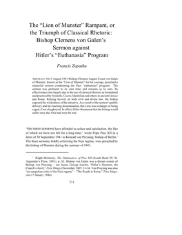 Rampant, Or the Triumph of Classical Rhetoric: Bishop Clemens Von Galen's Sermon Against Hitler's