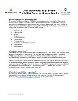 2017 Wauwatosa High School Youth Risk Behavior Survey Results