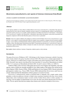 Hysterionica Matzenbacherii, a New Species of Astereae (Asteraceae) from Brazil