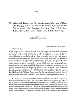 VII. Historical Remarks on the Introduction of the Game of Chess Into Europe, and on the Ancient Chess-Meyi Discovered in the Isle of Lewis ; by FREDERIC MADDEN, Esq