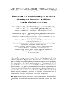 Diversity and Host Associations of Aphid Parasitoids (Hymenoptera: Braconidae: Aphidiinae) in the Farmlands of Western Iran