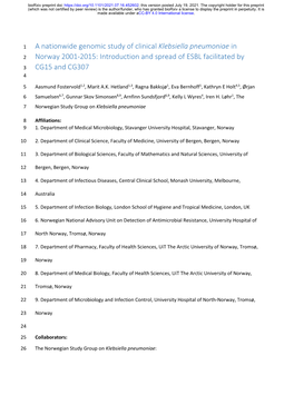 A Nationwide Genomic Study of Clinical Klebsiella Pneumoniae in Norway