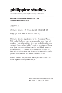 Chinese-Philippine Relations in the Late Sixteenth Century to 1603