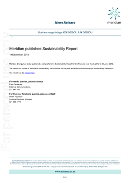Meridian Publishes Sustainability Report