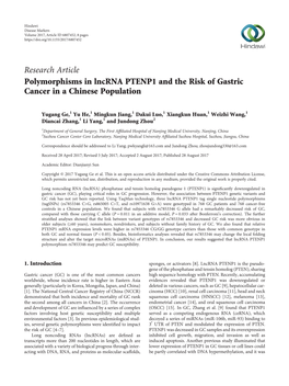 Polymorphisms in Lncrna PTENP1 and the Risk of Gastric Cancer in a Chinese Population