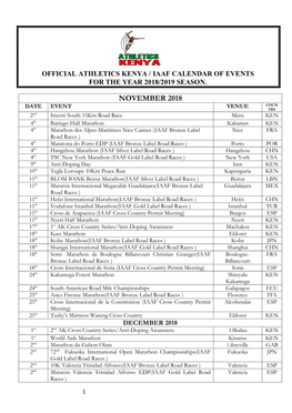 Athletics Kenya Calendar of Events 2018-2019
