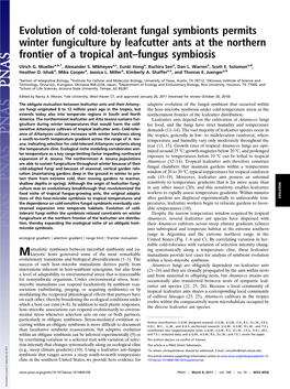 Evolution of Cold-Tolerant Fungal Symbionts Permits Winter Fungiculture by Leafcutter Ants at the Northern Frontier of a Tropical Ant–Fungus Symbiosis