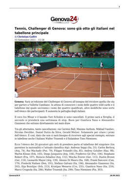 Tennis, Challenger Di Genova: Sono Già Otto Gli Italiani Nel Tabellone Principale Di Christian Galfrè 03 Settembre 2011 – 15:58