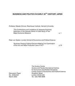 The Contributions and Limitations of Japanese Business Diplomacy in the Interwar Period: a Case Study of Two Major Economic Missions' P