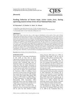 Feeding Behavior of Brown Trout, Salmo Trutta Fario, During Spawning Season in Four Rivers of Lar National Park, Iran