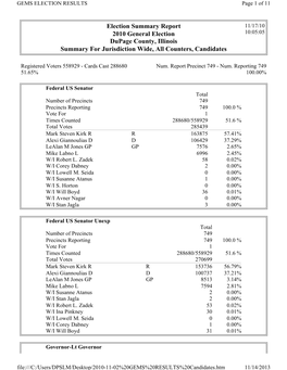 Election Summary Report 2010 General Election Dupage County, Illinois Summary for Jurisdiction Wide, All Counters, Candidates