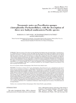 Taxonomic Notes on Poecillastra Sponges (Astrophorida: Pachastrellidae), with the Description of Three New Bathyal Southeastern Pacific Species