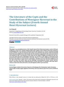 The Literature of the Copts and the Contributions of Monsignor Hyvernat to the Study of the Subject (Fourth Annual Henri Hyvernat Lecture)