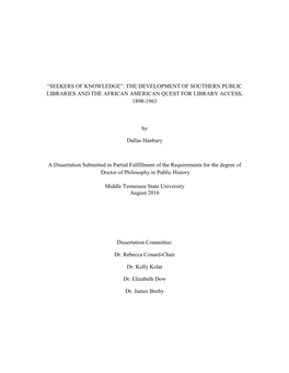 The Development of Southern Public Libraries and the African American Quest for Library Access, 1898-1963