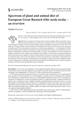 Spectrum of Plant and Animal Diet of European Great Bustard (Otis Tarda Tarda) – an Overview