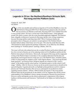 Legends in Ch'an: the Northern/Southern Schools Split