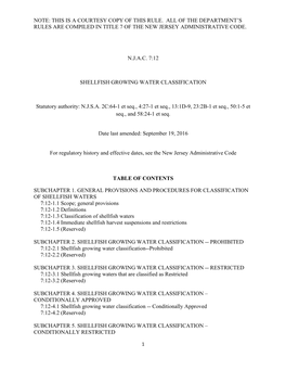 NJDEP-N.J.A.C. 7:12-Shellfish Growing Water Classification, Updated September 19, 2016