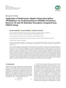 (Marsplines) for Predicting Hansen Solubility Parameters Based on 1D and 2D Molecular Descriptors Computed from SMILES String