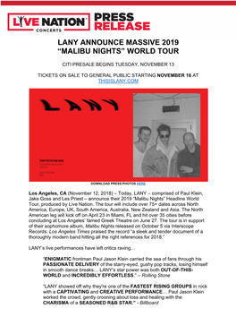Lany Announce Massive 2019 “Malibu Nights” World Tour