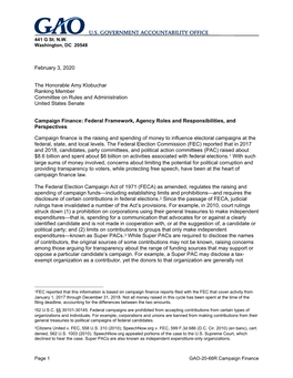 GAO-20-66R, Campaign Finance: Federal Framework, Agency Roles