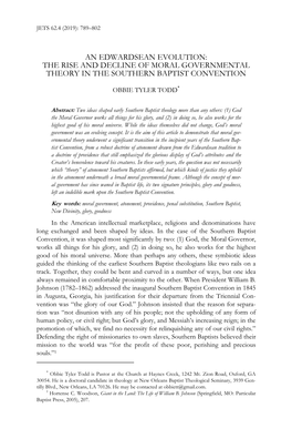 An Edwardsean Evolution: the Rise and Decline of Moral Governmental Theory in the Southern Baptist Convention