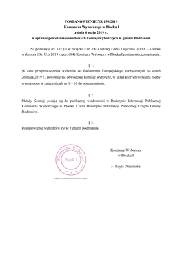 POSTANOWIENIE NR 159/2019 Komisarza Wyborczego W Płocku I Z Dnia 6 Maja 2019 R. W Sprawie Powołania Obwodowych Komisji Wyborczych W Gminie Bodzanów