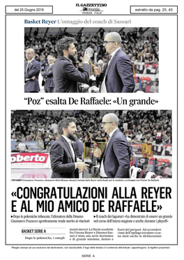 «Congratulazioni Alla Reyer E Al Mio Amico De Raffaele»