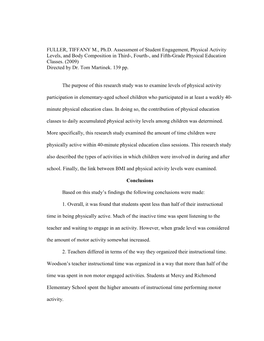 FULLER, TIFFANY M., Ph.D. Assessment of Student Engagement, Physical Activity Levels, and Body Composition in Third-, Fourth-, A