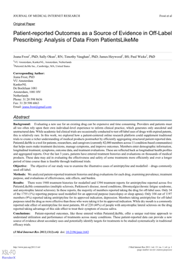 Patient-Reported Outcomes As a Source of Evidence in Off-Label Prescribing: Analysis of Data from Patientslikeme