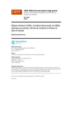 1895. Mille Huit Cent Quatre-Vingt-Quinze, 85 | 2018 Réjane Hamus-Vallée, Caroline Renouard, Les Effets Spéciaux Au Cinéma, 120 An