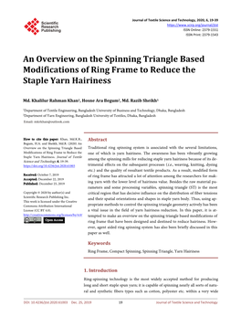 An Overview on the Spinning Triangle Based Modifications of Ring Frame to Reduce the Staple Yarn Hairiness