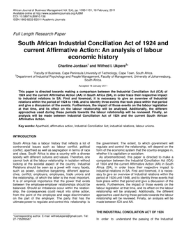 South African Industrial Conciliation Act of 1924 and Current Affirmative Action: an Analysis of Labour Economic History