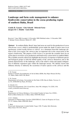 Landscape and Farm Scale Management to Enhance Biodiversity Conservation in the Cocoa Producing Region of Southern Bahia, Brazil