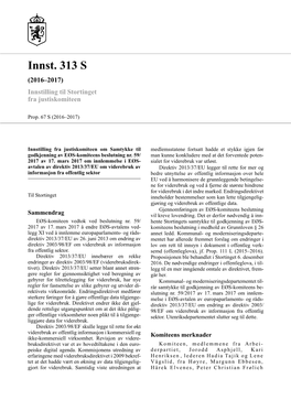 Innst. 313 S (2016–2017) Innstilling Til Stortinget Fra Justiskomiteen