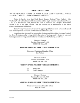 Notice of Election to the Qualified Voters of North Harris County Regional Water Authority and All Other Interested Persons