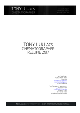 Tony Luu Acs Cinematographer Resume 2017