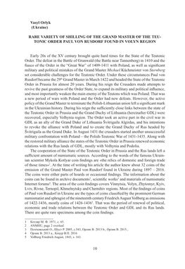 10 Vasyl Orlyk (Ukraine) RARE VARIETY of SHILLING of the GRAND MASTER of the TEU- TONIC ORDER PAUL VON RUSDORF FOUND in VOLYN RE