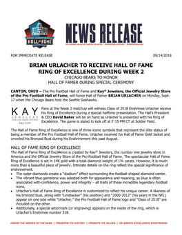 Brian Urlacher to Receive Hall of Fame Ring of Excellence During Week 2 Chicago Bears to Honor Hall of Famer During Special Ceremony