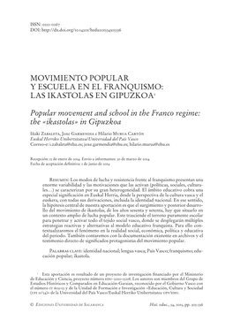 Movimiento Popular Y Escuela En El Franquismo: Las Ikastolas En Gipuzkoa