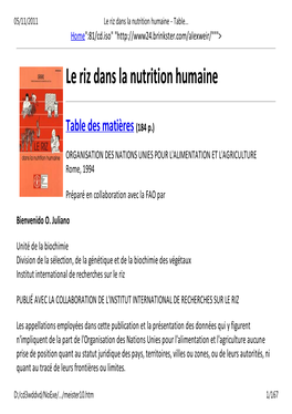 Le Riz Dans La Nutrition Humaine - Table… Home 