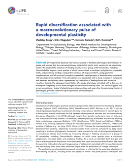 Rapid Diversification Associated with a Macroevolutionary Pulse of Developmental Plasticity Vladislav Susoy1, Erik J Ragsdale1,2*, Natsumi Kanzaki3, Ralf J Sommer1*