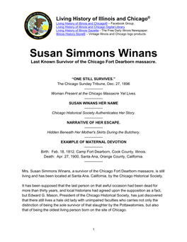 Susan Simmons Winans Last Known Survivor of the Chicago Fort Dearborn Massacre