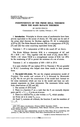 INDEPENDENCE of the PRIME IDEAL THEOREM from the HAHN BANACH THEOREM by DAVID PINCUS Communicated by A.H