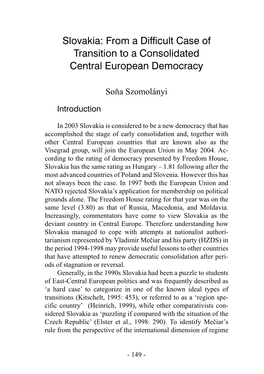 Slovakia: from a Difficult Case of Transition to a Consolidated Central European Democracy