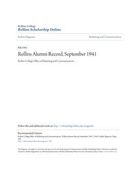 Rollins Alumni Record, September 1941 Rollins College Office Ofa M Rketing and Communications