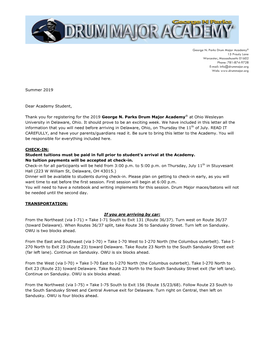 Summer 2019 Dear Academy Student, Thank You for Registering for the 2019 George N. Parks Drum Major Academy® at Ohio Wesleyan U