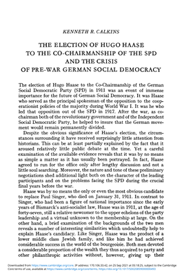 The Election of Hugo Haase to the Co-Chairmanship of the Spd and the Crisis of Pre-War German Social Democracy