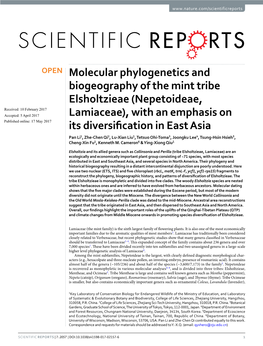 Molecular Phylogenetics and Biogeography of the Mint Tribe Elsholtzieae (Nepetoideae, Lamiaceae), with an Emphasis on Its Divers