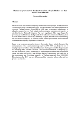 The Roles of Governments in the Education Reform Policy in Thailand and Their Impacts from 1999-2009